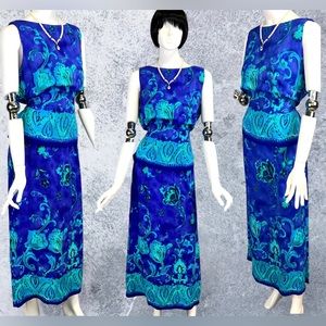 Vintage 90s Blue Floral Heart Print Sleeveless Tank Style Tie Back Shirt Dress